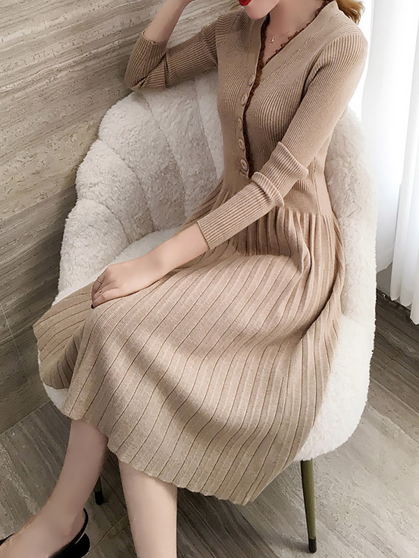 Khaki V-neck A-line Pleated Dress