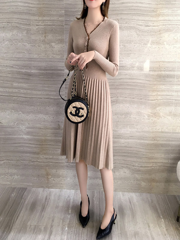 Khaki V-neck A-line Pleated Dress