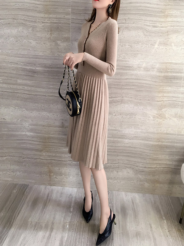 Khaki V-neck A-line Pleated Dress