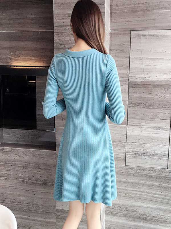 Blue Ribbed Polo Knitted Dress