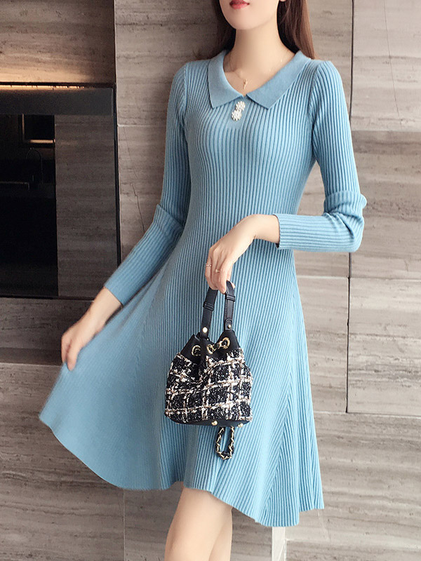 Blue Ribbed Polo Knitted Dress