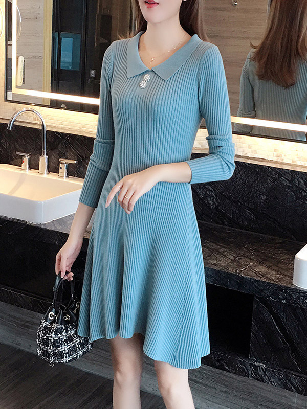 Blue Ribbed Polo Knitted Dress