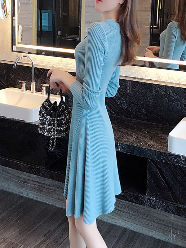 Blue Ribbed Polo Knitted Dress