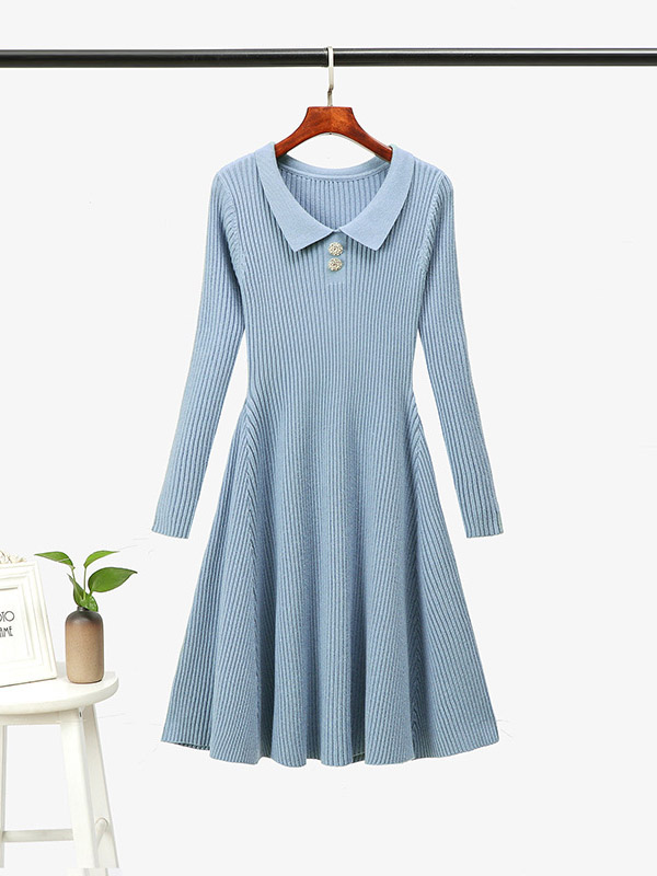 Blue Ribbed Polo Knitted Dress