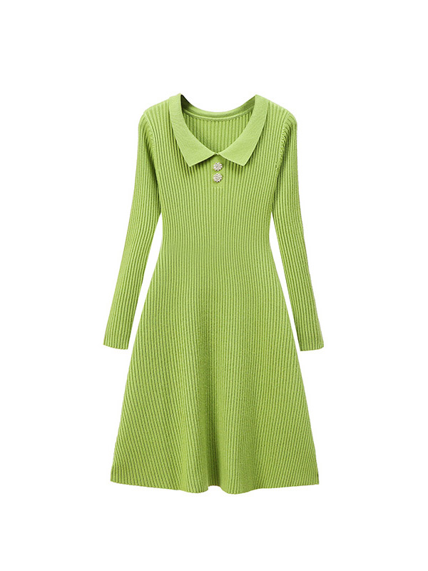 Green Ribbed Polo Knitted Dress