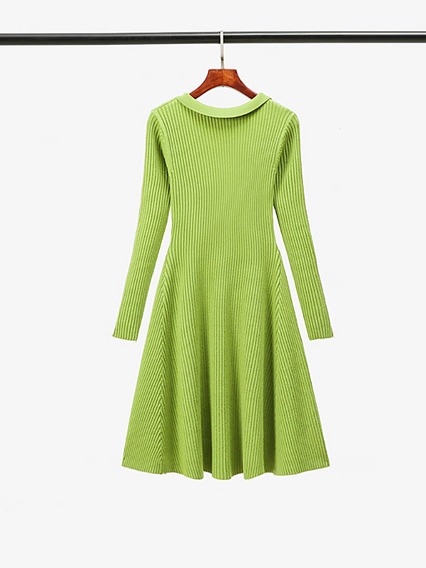 Green Ribbed Polo Knitted Dress