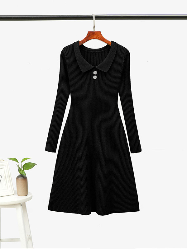 Black Ribbed Polo Knitted Dress