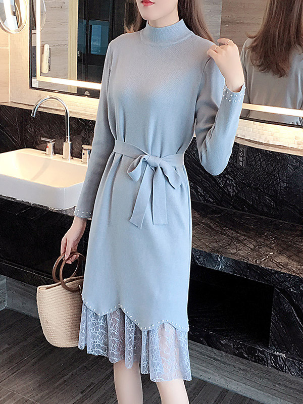 Blue Stand Collar Midi Dress with Lace Trim