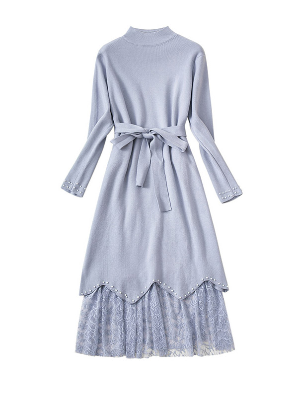 Blue Stand Collar Midi Dress with Lace Trim