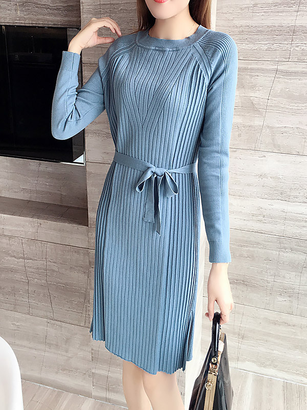 Blue Crew Neck Midi Dress with Side Split