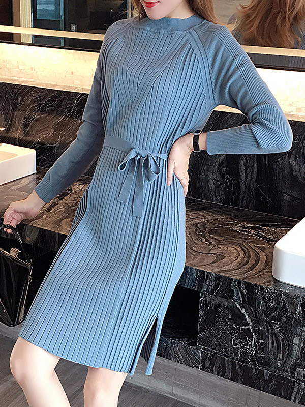 Blue Crew Neck Midi Dress with Side Split