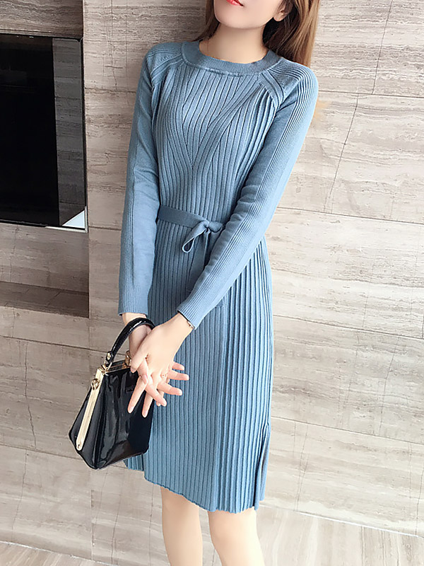 Blue Crew Neck Midi Dress with Side Split