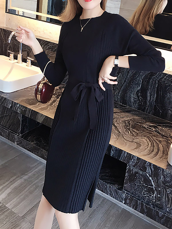 Black Crew Neck Midi Dress with Side Split