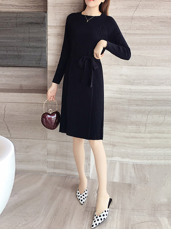 Black Crew Neck Midi Dress with Side Split