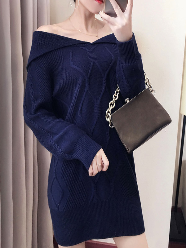 Dark Blue Navy Neck Off the Shoulder Midi Dress