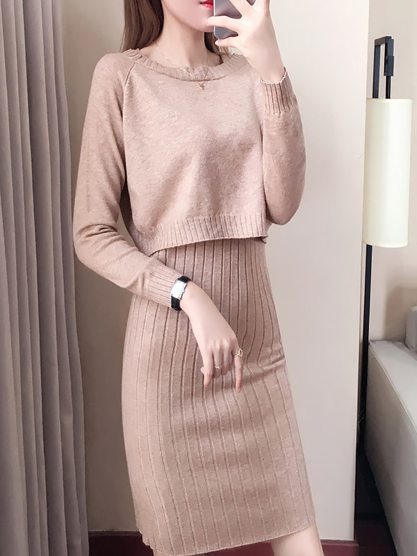 Khaki Off the Shoulder Sweater with Vest Knitted Dress