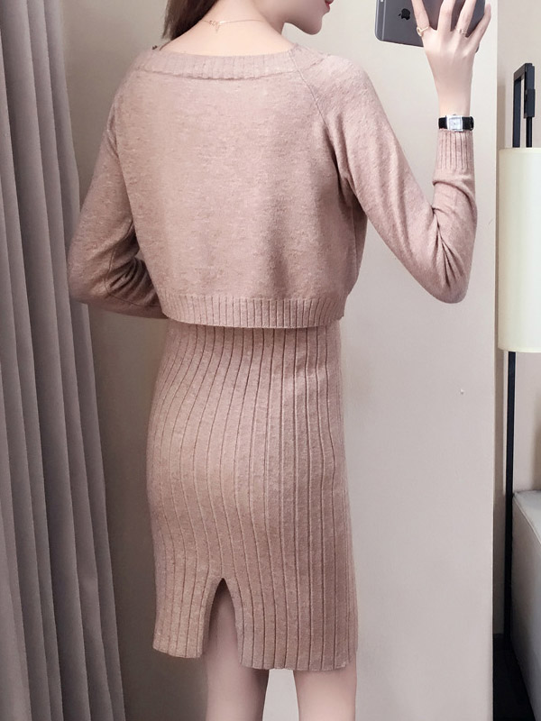 Khaki Off the Shoulder Sweater with Vest Knitted Dress