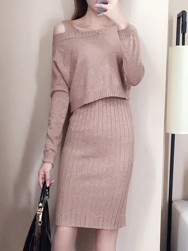 Khaki Off the Shoulder Sweater with Vest Knitted Dress