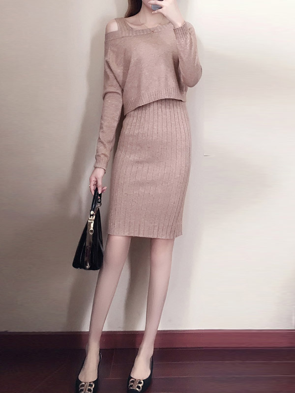 Khaki Off the Shoulder Sweater with Vest Knitted Dress