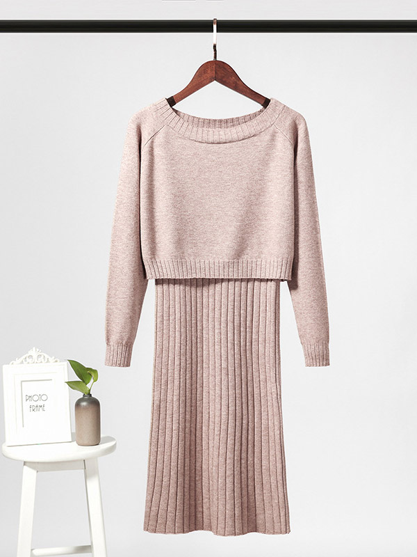 Khaki Off the Shoulder Sweater with Vest Knitted Dress