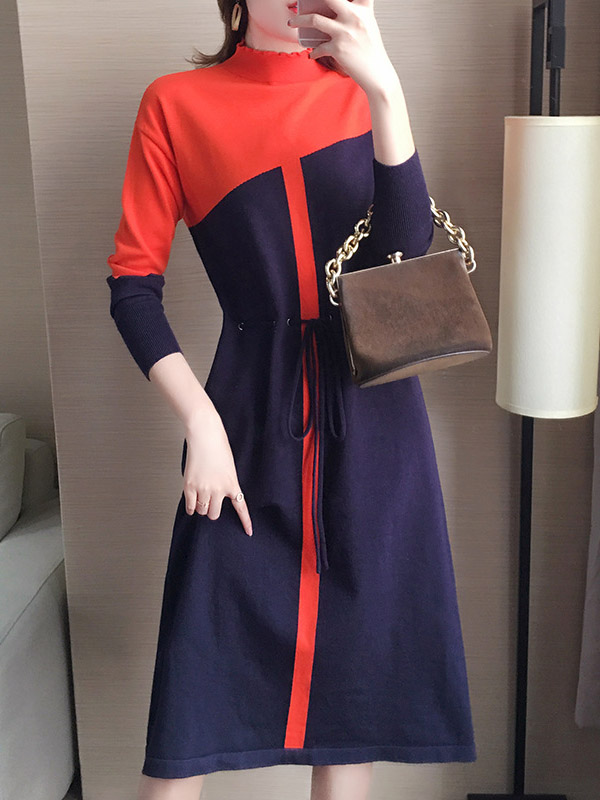 Orange & Navy Blue Color Block Knitted Dress