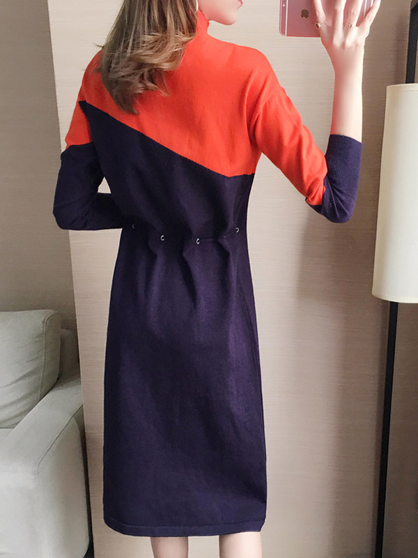 Orange & Navy Blue Color Block Knitted Dress