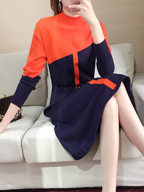 Orange & Navy Blue Color Block Knitted Dress