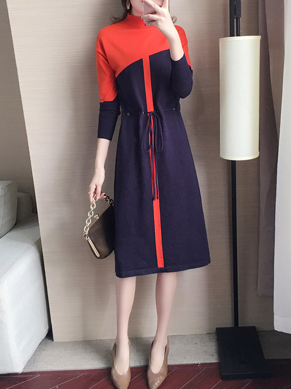 Orange & Navy Blue Color Block Knitted Dress