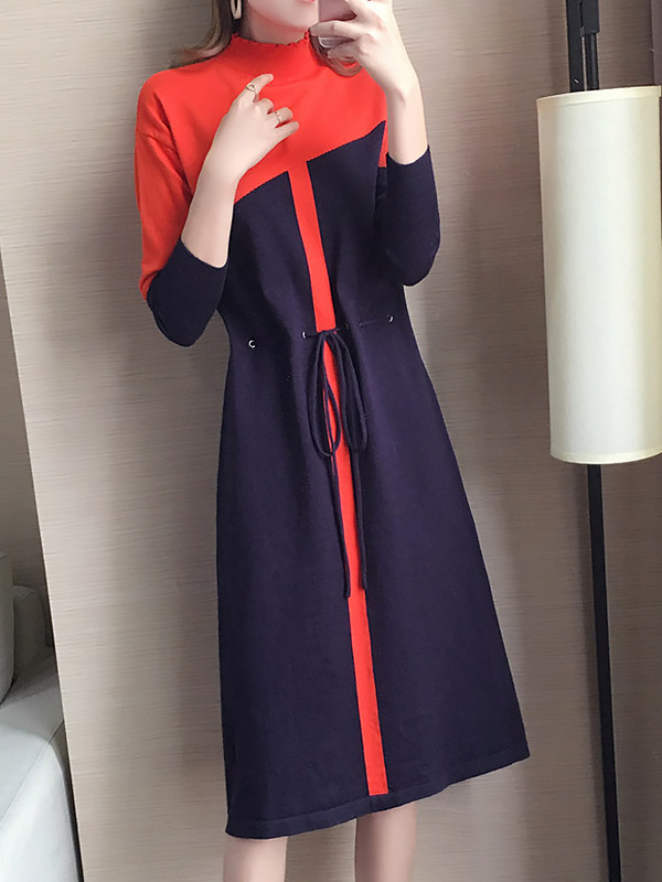 Orange & Navy Blue Color Block Knitted Dress