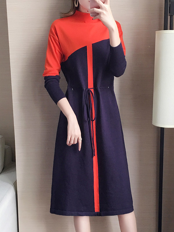 Orange & Navy Blue Color Block Knitted Dress