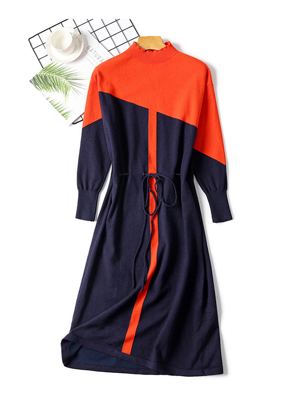 Orange & Navy Blue Color Block Knitted Dress