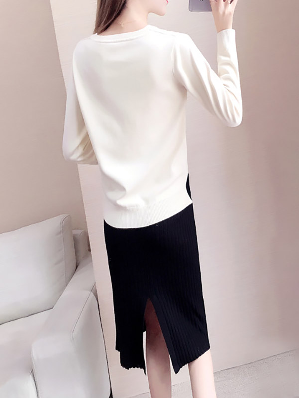 White Round Neck Sweater & Ribbed Pencil Skirt