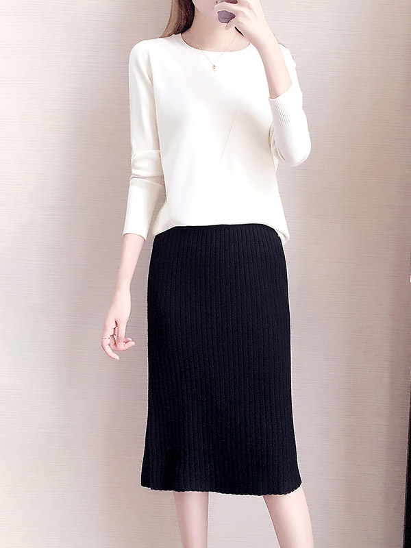 White Round Neck Sweater & Ribbed Pencil Skirt