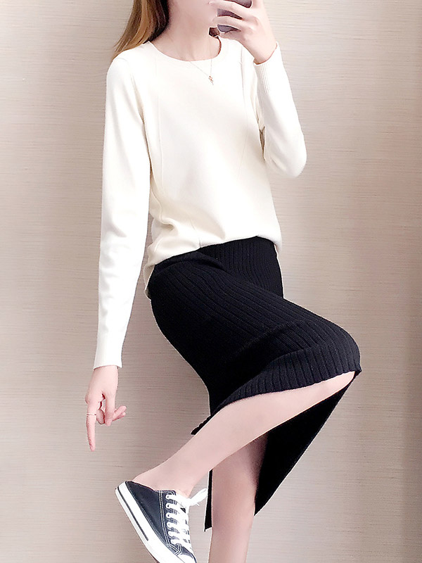 White Round Neck Sweater & Ribbed Pencil Skirt