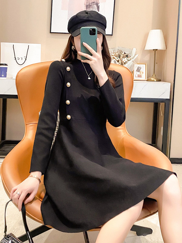 Black Stand Collar Knitted Skater Dress