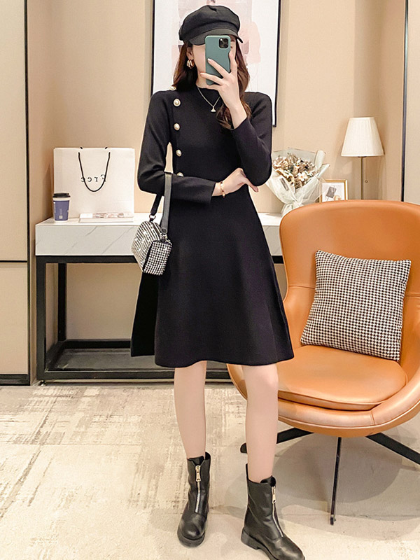 Black Stand Collar Knitted Skater Dress