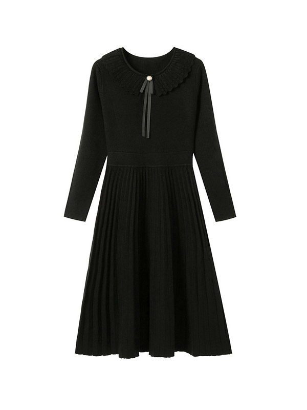 Black Ruffle Collar Knitted Pleated Dress