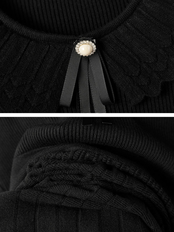 Black Ruffle Collar Knitted Pleated Dress