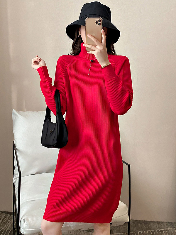 Red Roll Neck Ribbed Shift Knitted Dress