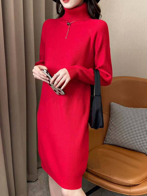 Red Roll Neck Ribbed Shift Knitted Dress