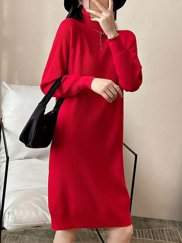 Red Roll Neck Ribbed Shift Knitted Dress