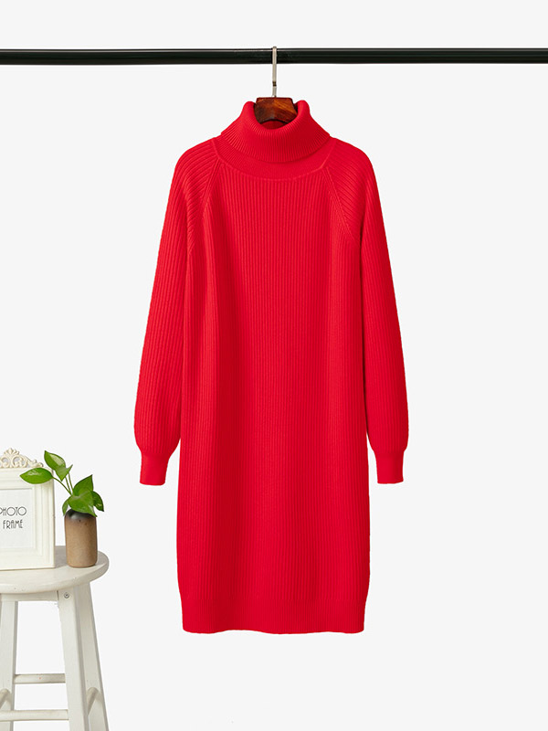 Red Roll Neck Ribbed Shift Knitted Dress