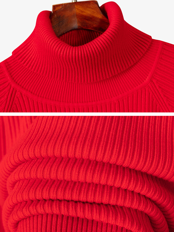 Red Roll Neck Ribbed Shift Knitted Dress