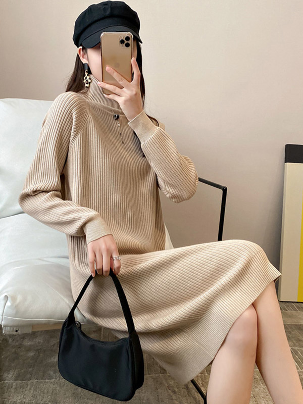 Apricot Roll Neck Ribbed Shift Knitted Dress