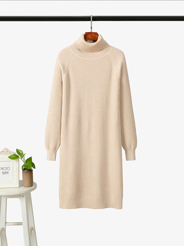 Apricot Roll Neck Ribbed Shift Knitted Dress