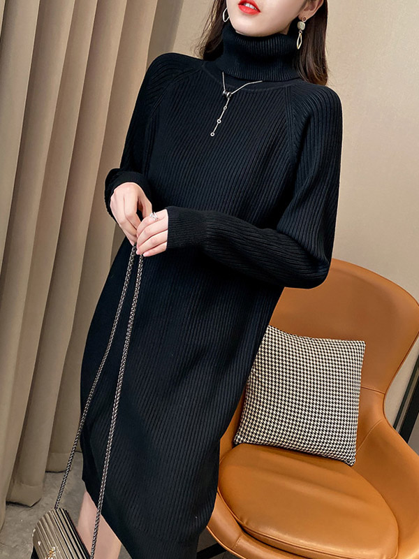 Black Roll Neck Ribbed Shift Knitted Dress