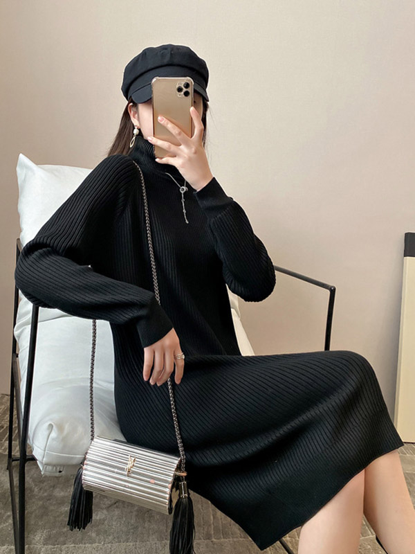 Black Roll Neck Ribbed Shift Knitted Dress