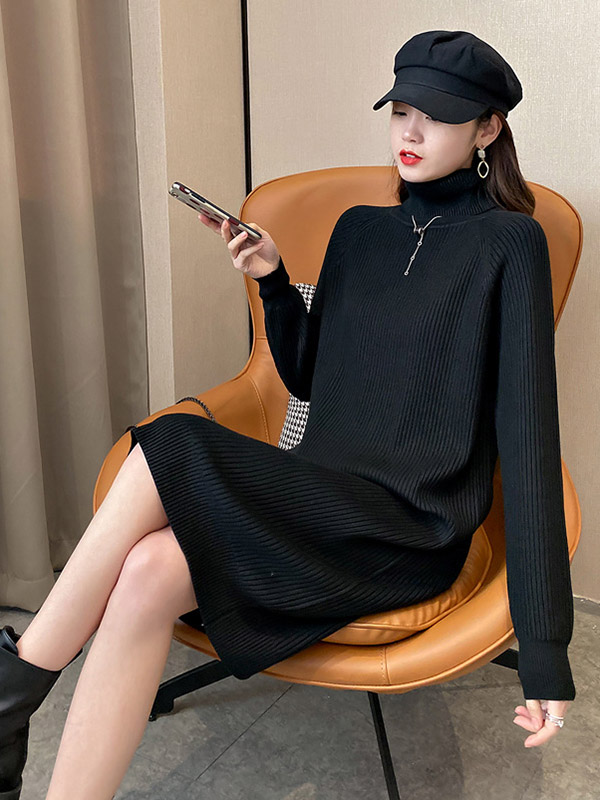 Black Roll Neck Ribbed Shift Knitted Dress