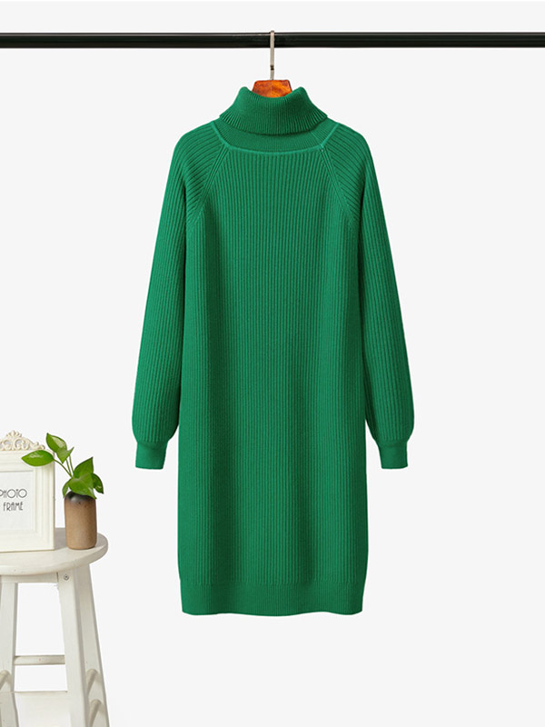 Green Roll Neck Ribbed Shift Knitted Dress