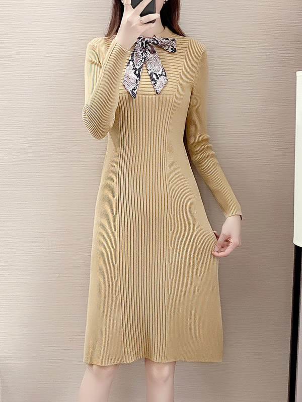 Yellow Ribbed Knitted Dress with Scarf Decoration